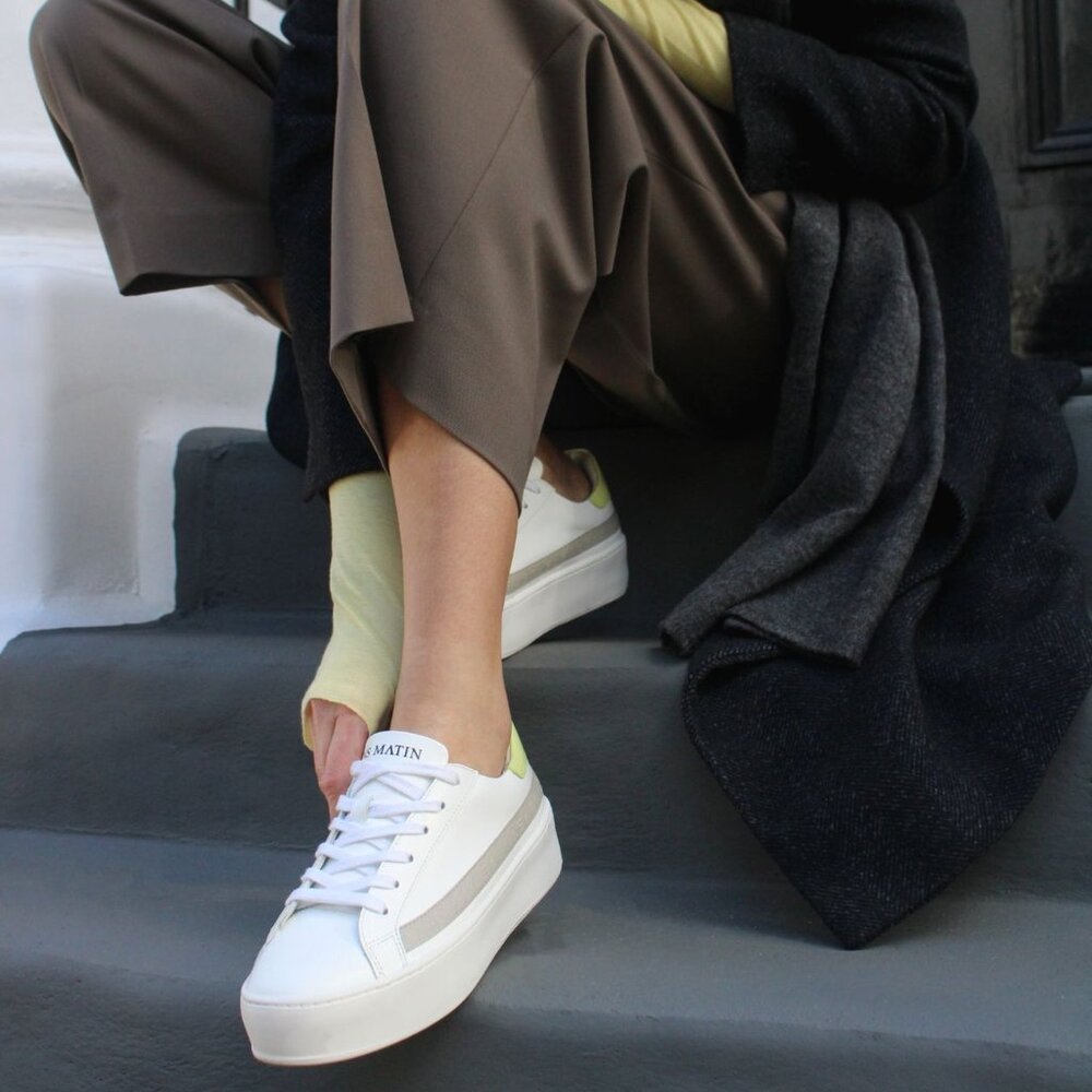 Sans Matin Gaia Women's Platform Sneakers White Grey Lime-Yellow Pebbled 42/11.5